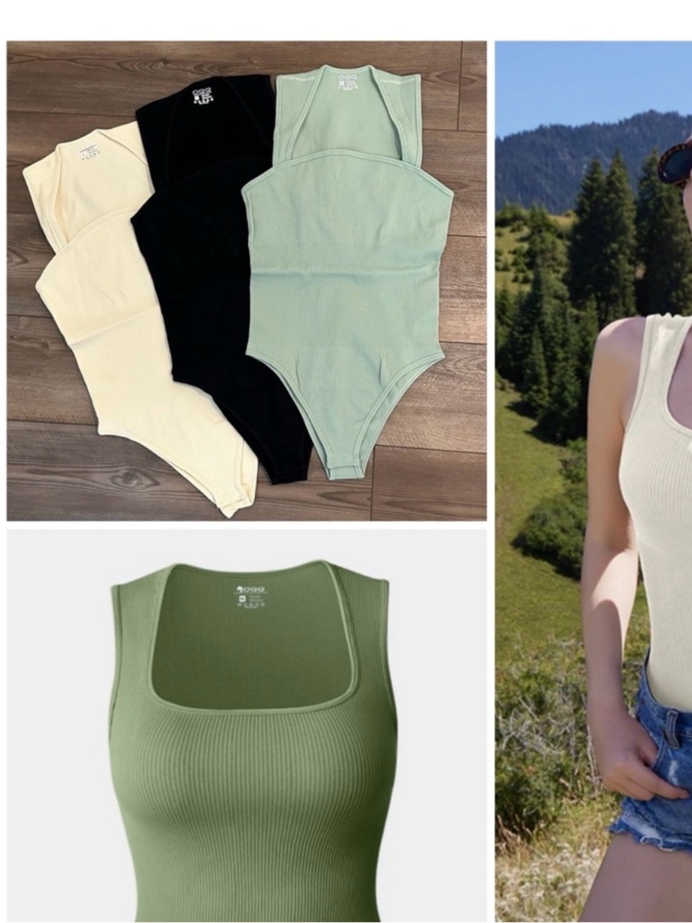 OQQ Ribbed Square Neck Tank Bodysuits 3 pk - Green, black, cream